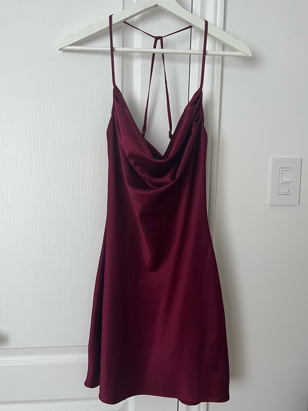 Dynamite Satin Cowl Mini Dress in Burgundy